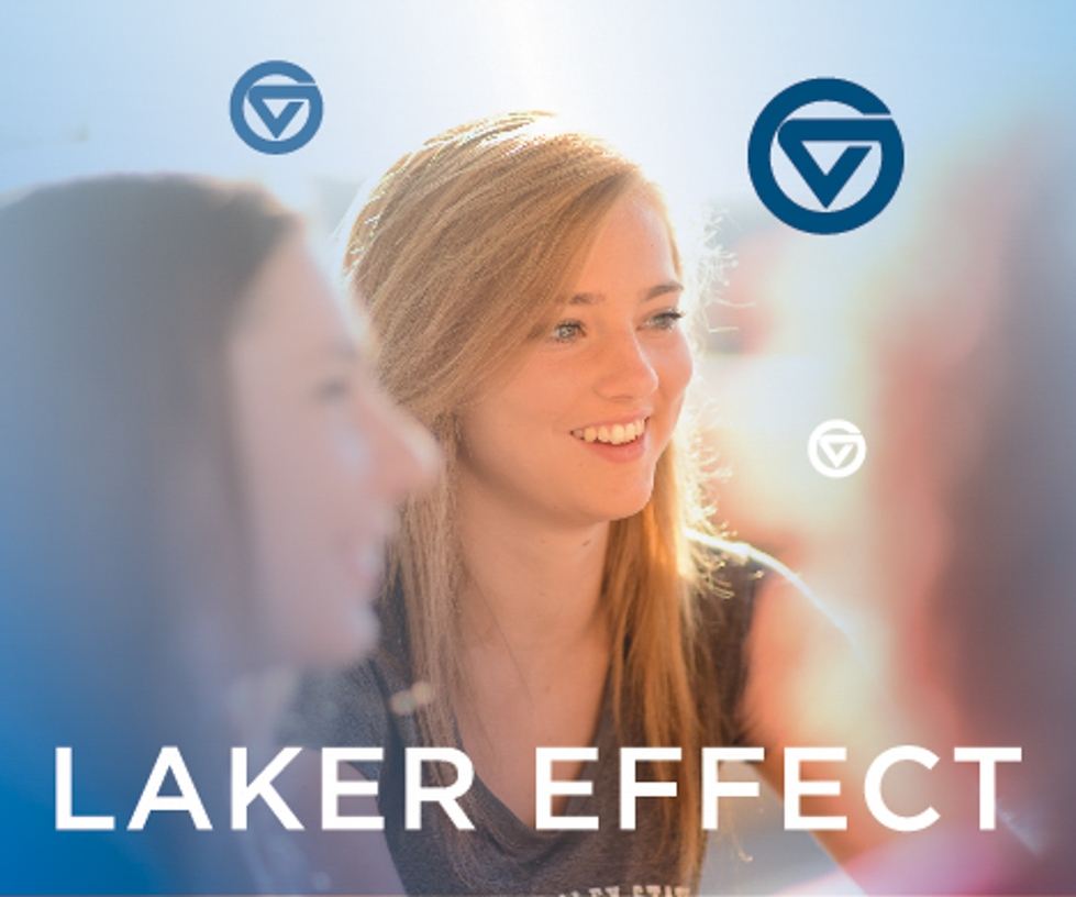 Advertisement showing students, Laker Effect symbols